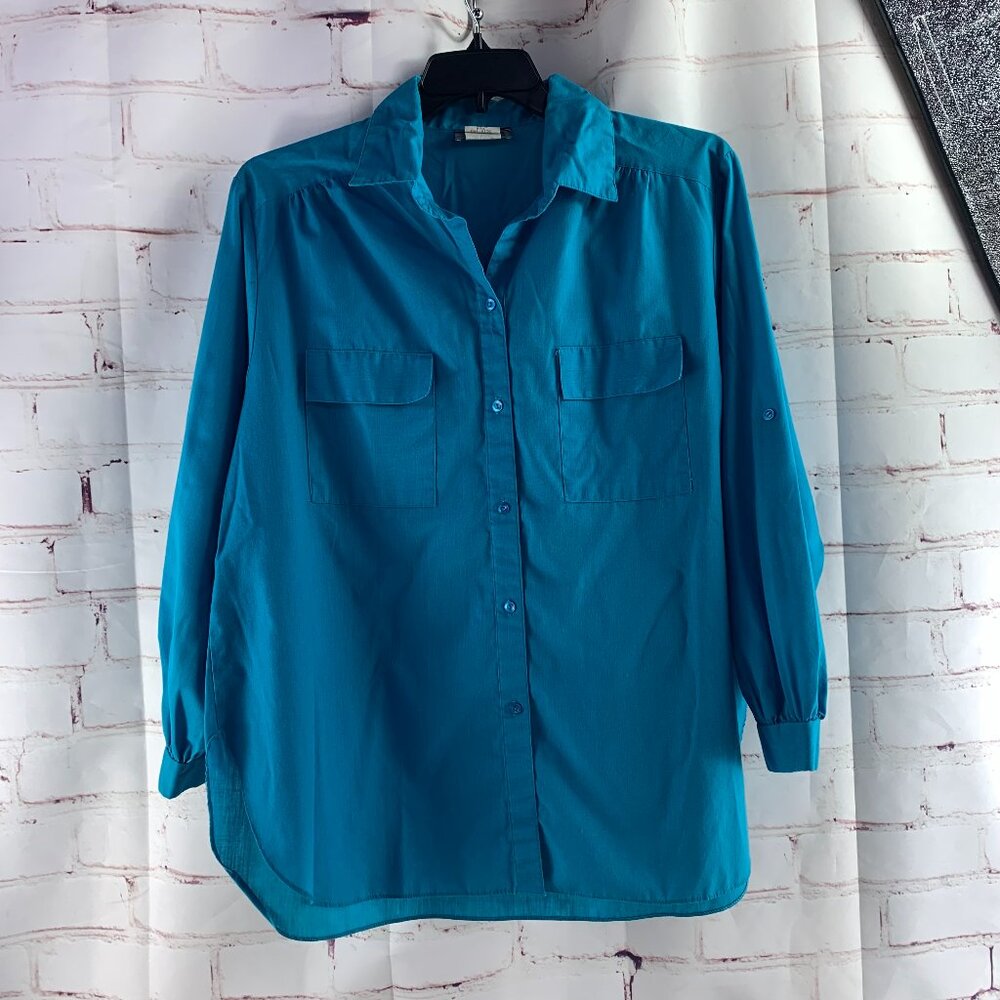 MG Women’s Plus Button Up Long Sleeve Shirt Teal Blue 20W Vintage